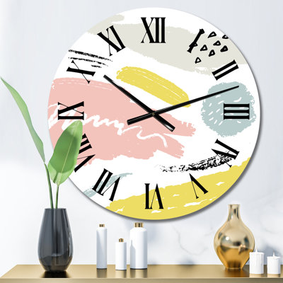Pink Yellow And Grey Retro Decorative Elements - Modern Wall Clock