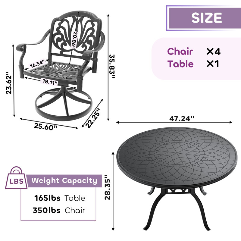 Ensemble de salle à manger 5 pièces 47,24 "avec 4 chaises pivotantes et coussins bruns pour l'extérieur, 4