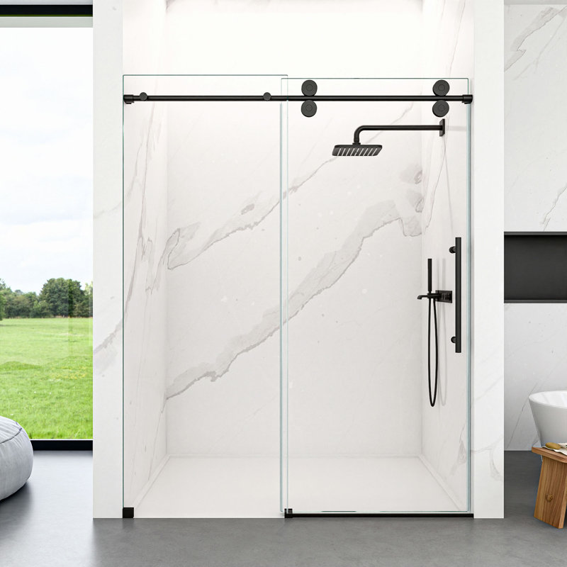 Porte de douche coulissante simple sans cadre de 44 à 48 po x H 76 po - Verre trempé transparent de 5/16 po (8 mm), conception à dérivation