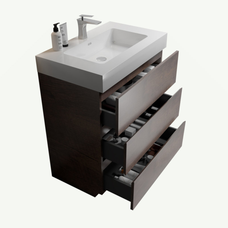 Meuble-lavabo mural de 36 po avec lavabo, grand meuble-lavabo flottant mural pour salle de bain moderne, lavabo une pièce sans drain, pré-assemblé