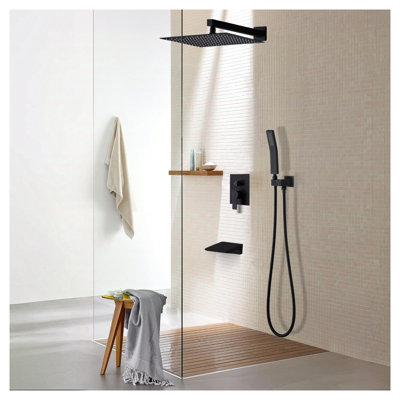 Système de douche noir mat avec bec de baignoire - Pomme de douche à pluie 12 po et douchette combinée, ensemble de robinet de douche mural en métal avec robinet et garniture