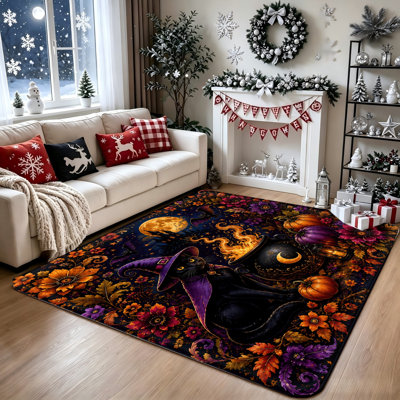 Tapis antidérapant Chat Sorcière d'Halloween, motif de chaudron magique, accents floraux éclatants, tapis d'intérieur à thème effrayant pour salon, chambre à coucher, décoration intérieure et décorations d'Halloween