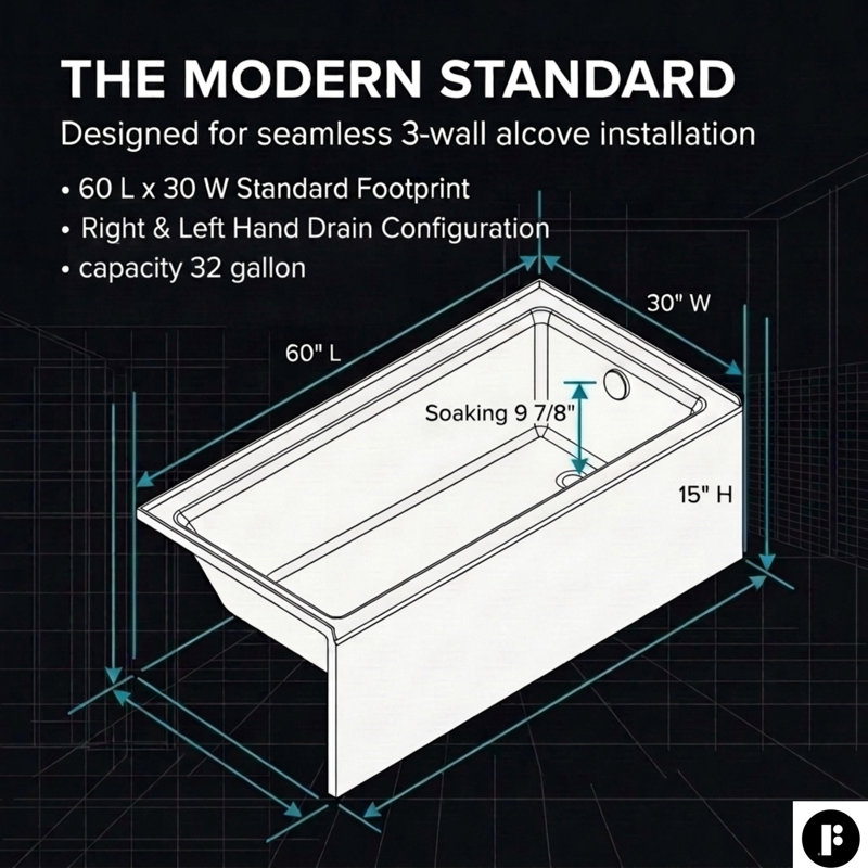 Fine Fixtures 60x30 Acrylic Alcove Tub, 15" Height, Right Drain, Apron, Right Hand Drain, White