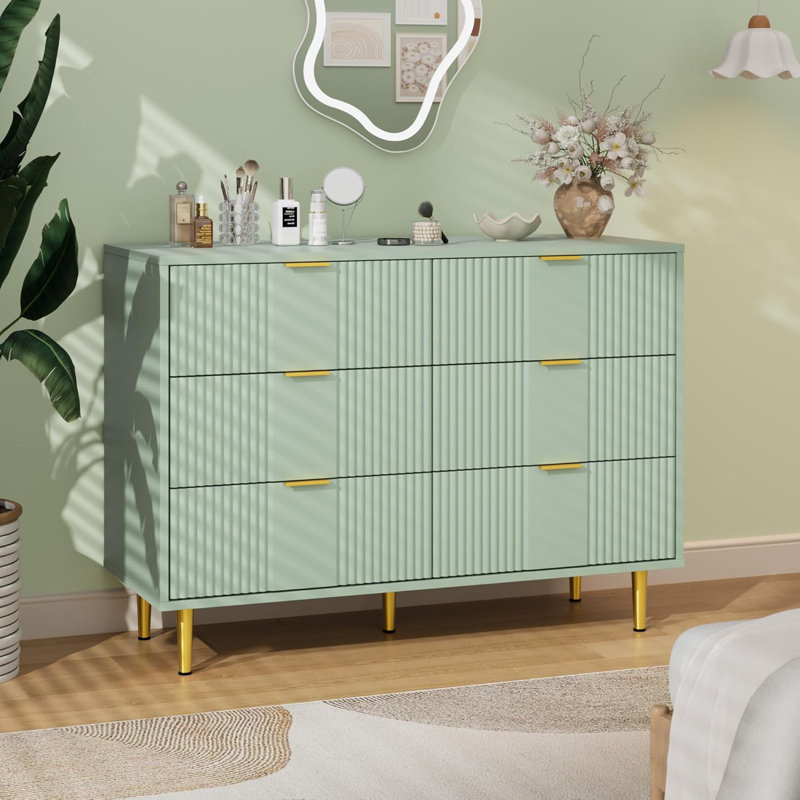 Fluted Dresser for Bedroom, Wooden Closet Clothes Storage Organizer for Living Room, Hallway, Green/6 Drawers
