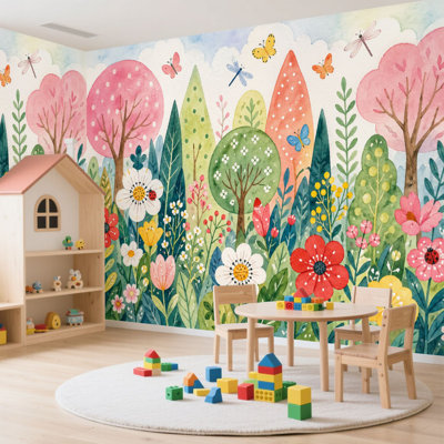 Wall Mural Peel and Stick Wallpaper Whimsical Floral Garden Vibrant Flowers Green Trees Self-Adhesive Removable Contact Paper Wall Decor for Living Room Bedroom 100"H x 144"W