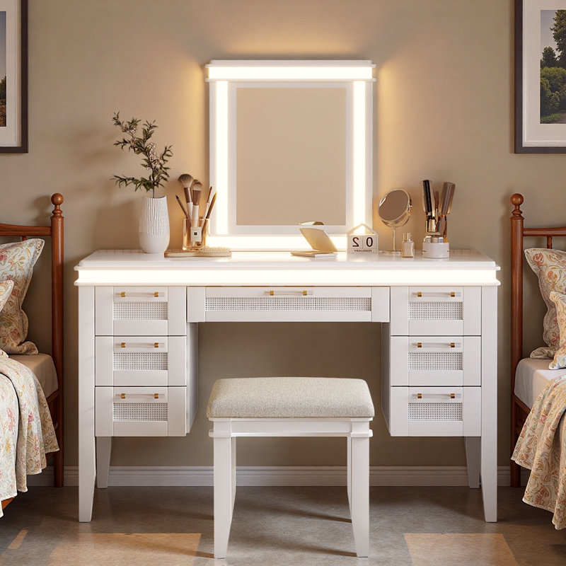Vanity Desk With Mirror And Lights, 7 Drawers And Cushioned Stool, Light Beige