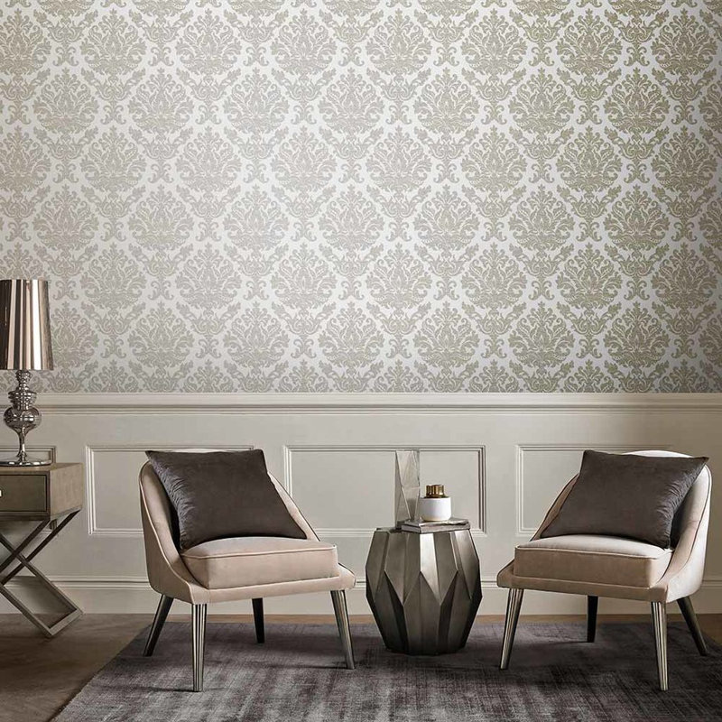 Damask Metallic Wallpaper Roll, Vieux