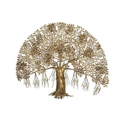 Grand arbre de vie mural en laiton de 38 po - Sculpture d'art indien fabriqué à la main réaliste pour le salon