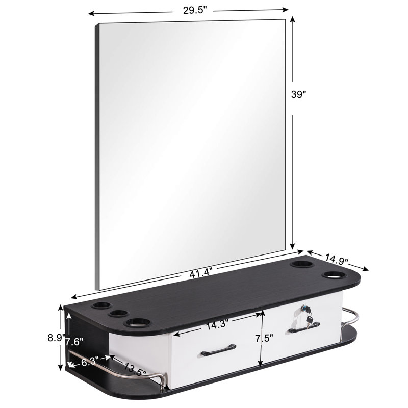 Brown Particle Board Wall-Mount Barber Station with Mirror