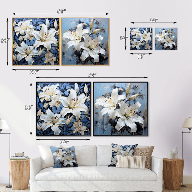 Ensemble de 2 collages carrés lis blancs et bleus, Cadre flottant brun, H 30 po x l 61 po