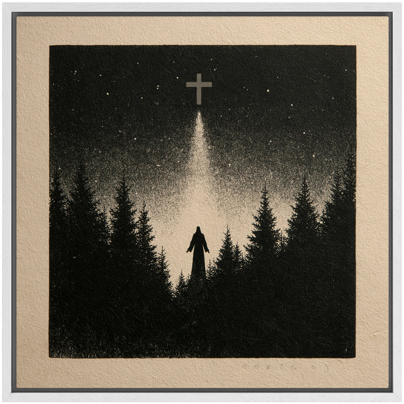 Croix religieuse, silhouette de forêt dans le ciel nocturne, toile encadrée, impression murale d'art pour chambre principale