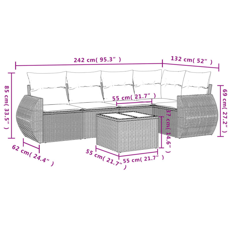  Ensemble de canapé de patio 6 pièces avec coussins en rotin de polyester noir