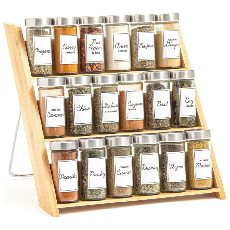 Organisateur 18 épices en bambou pour comptoir et tiroir de cuisine, rempli d'épices, programme