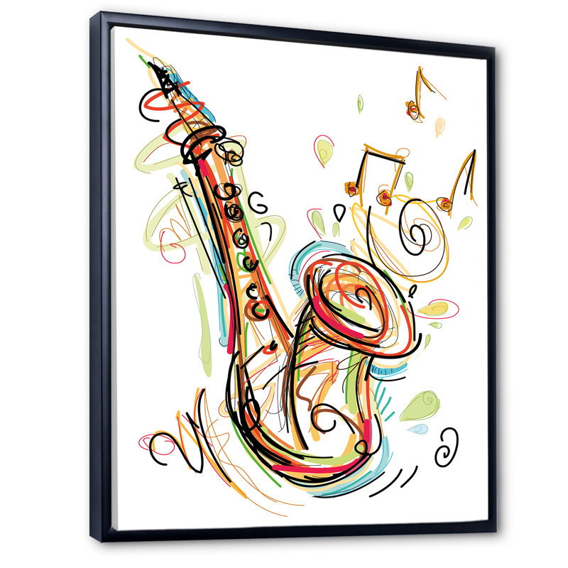 Musique, saxophone, dessin abstrait II - peinture, H 40 po x l 30 po x P 1,5 po, Cadre flottant noir