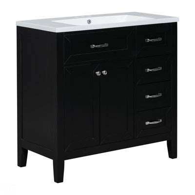 Meuble-lavabo 36 po avec lavabo, meuble-lavabo noir avec tiroirs, cadre solide et panneau de fibres à densité moyenne, meuble-lavabo