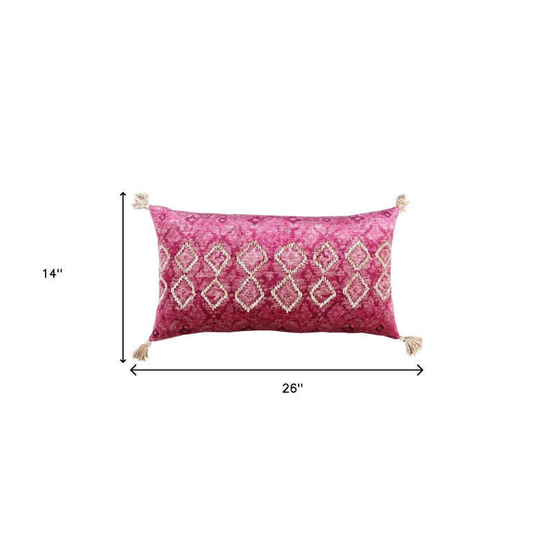 Pink and Ivory Embroidered Cotton Velvet Lumbar Pillow