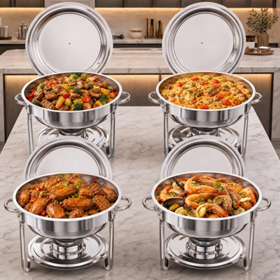 4 Pack 18/8 (304) Stainless Steel Chafing Dishes with Lid Stackable Food Pan Catering Server Heat & Cold Retention Food Warmer Buffet Set for Dinners Banquet Catering Events Parties, Silver