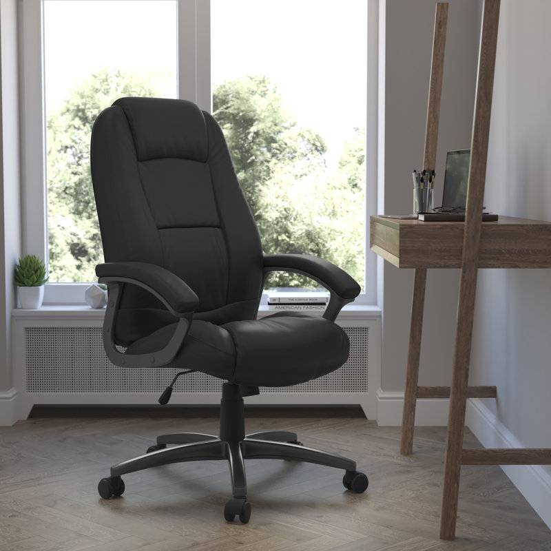 High Back LeatherSoft Swivel Ergonomic Office Chair w/Deep Curved Lumbar, Black Leather