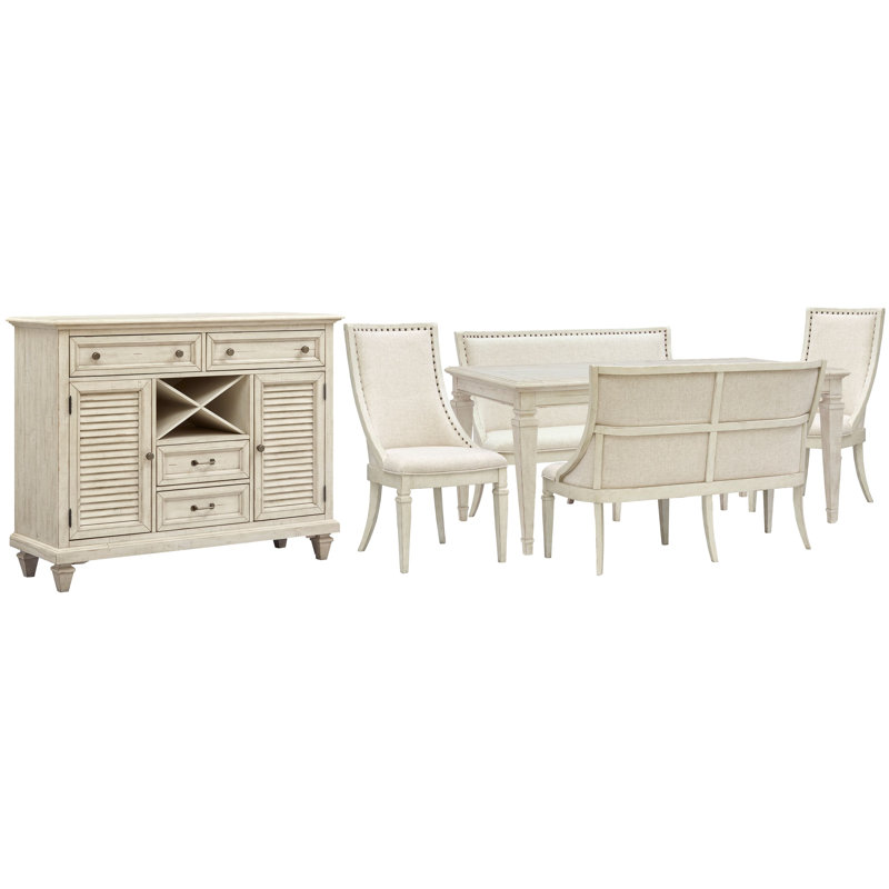 Extendable Rectangular Dining Table With 2 Upholstered Benches 2 Arm Chairs And Server