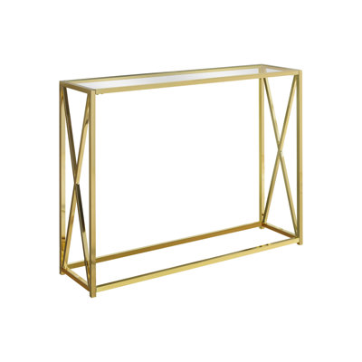 Bedroom Side Table With Thick Clear Tempered Glass Top And Polished Gold Metal Base In Modern Spacious Design Console Contemporary Style