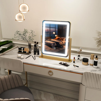 Miroir de maquillage lumineux à DEL avec écran tactile - grand miroir de meuble-lavabo 15 x 12,6 pouces avec éclairage 3 couleurs à intensité variable, luminosité réglable, rotation à 360 ° pour l'application de maquillage et les soins personnels