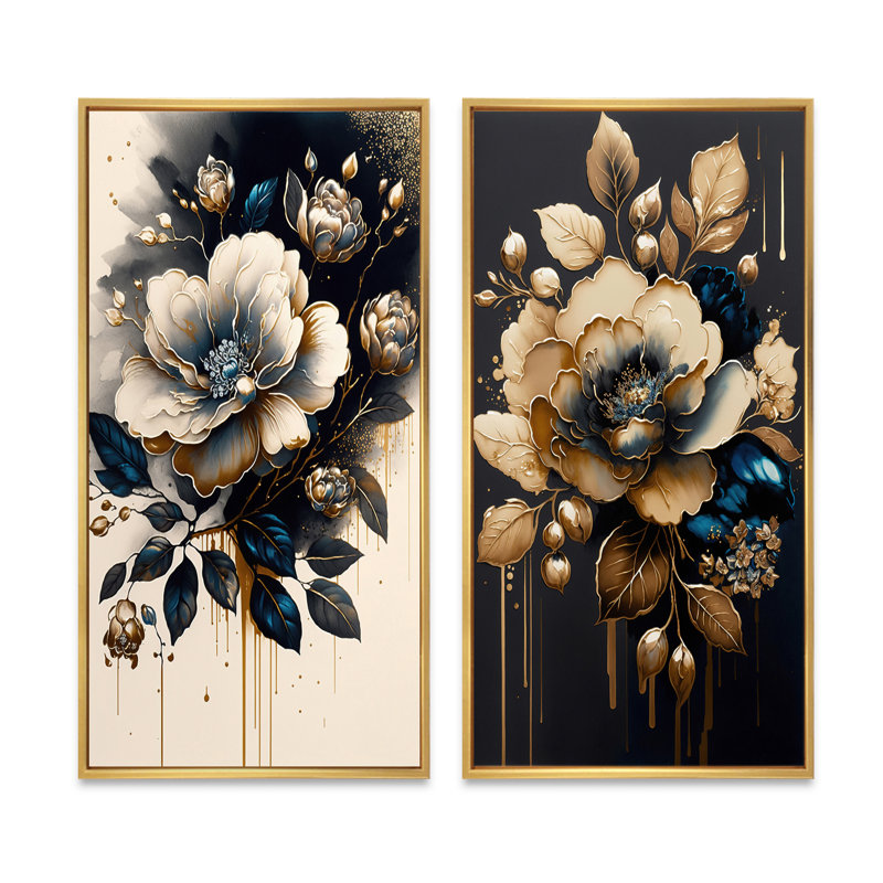 «Black and Gold Camellia Bouquet II», 2 pièces, H 32 po x l 32 po, Encadrement doré