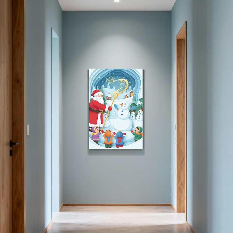 Père Noël avec enfants et bonhomme de neige, H 18 po x l 12 po
