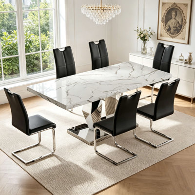 70" Modern Luxury Faux Marble Dining Table Set for 6, 7-Piece Kitchen Table Set with Unique Y-Shaped Stainless Steel Base and 6 Black PU Leather Dining Chairs