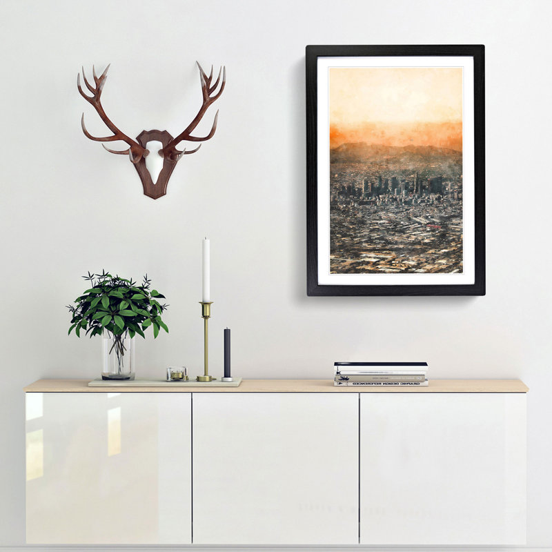 High over the Los Angeles Skyline - Picture Frame Painting Print, 63cm H x 45cm W x 2cm D, Black Framed