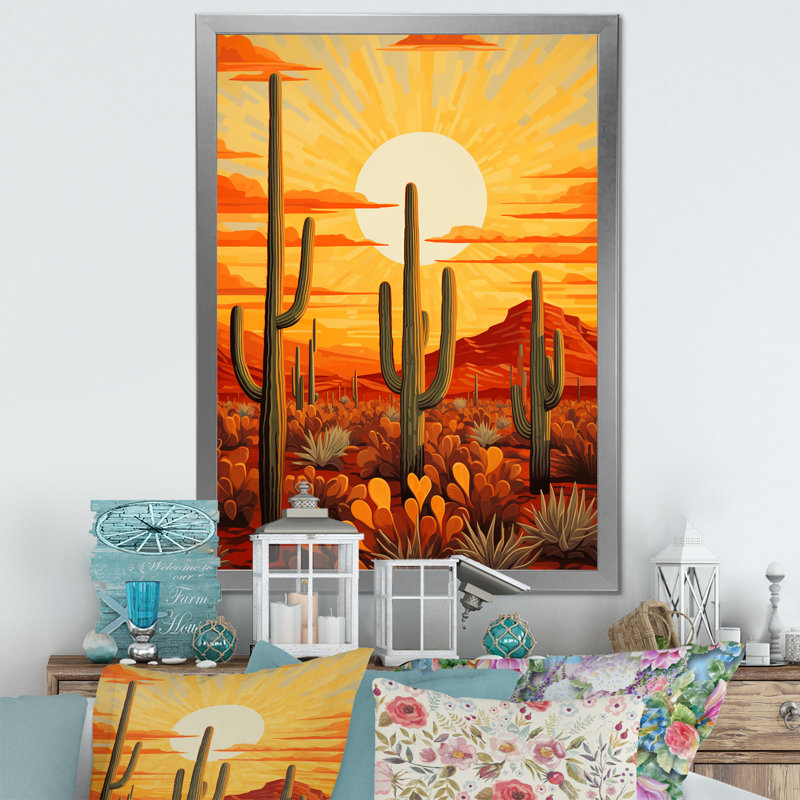 Cactus Sunset Shadows - Cactus, impressions sur toile, Cadre simple argenté, H 32 po x l 24 po x P 1 po