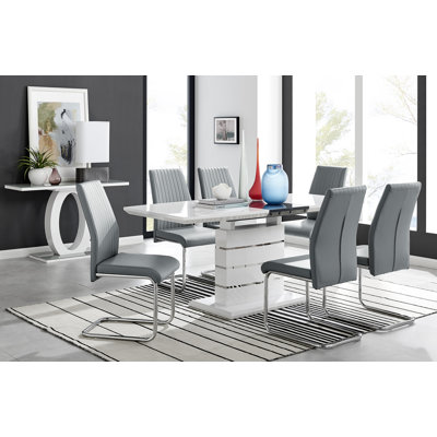 Everson Large High Gloss Extendable Dining Set with 6 Luxury Faux Leather Upholstered Dining Chairs