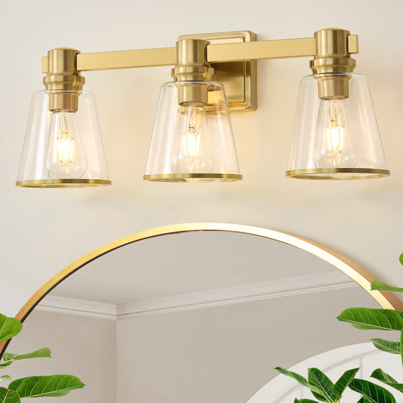 Luminaire de meuble-lavabo moderne à intensité variable Milasia avec abat-jour en verre transparent conique, Doré, 3