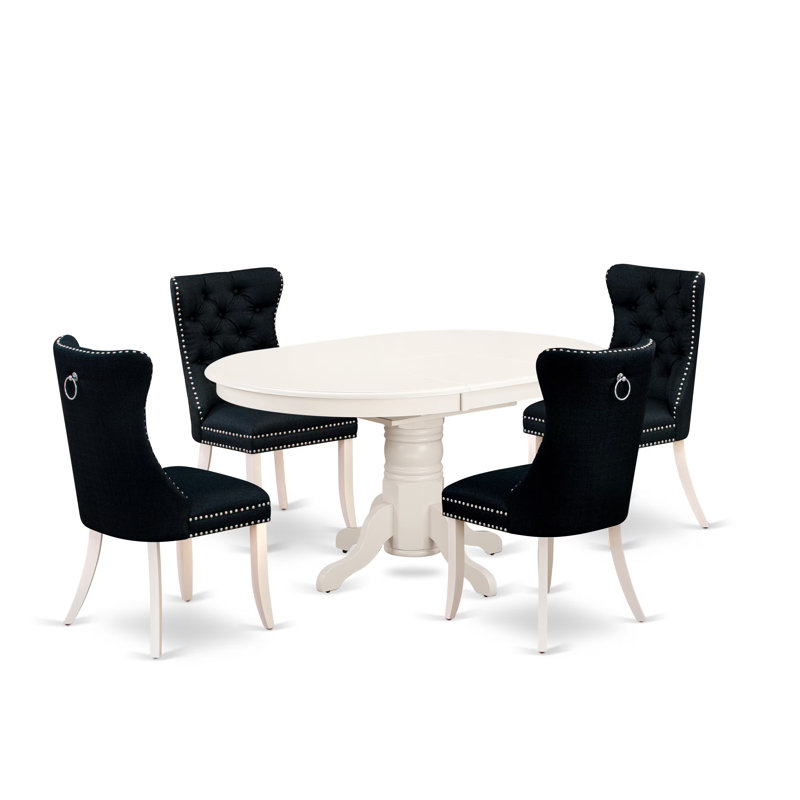 Ensemble de cuisine 5 pièces composé d'une table de salle à manger ovale avec rallonge amovible et 4 chaises rembourrées, lin blanc