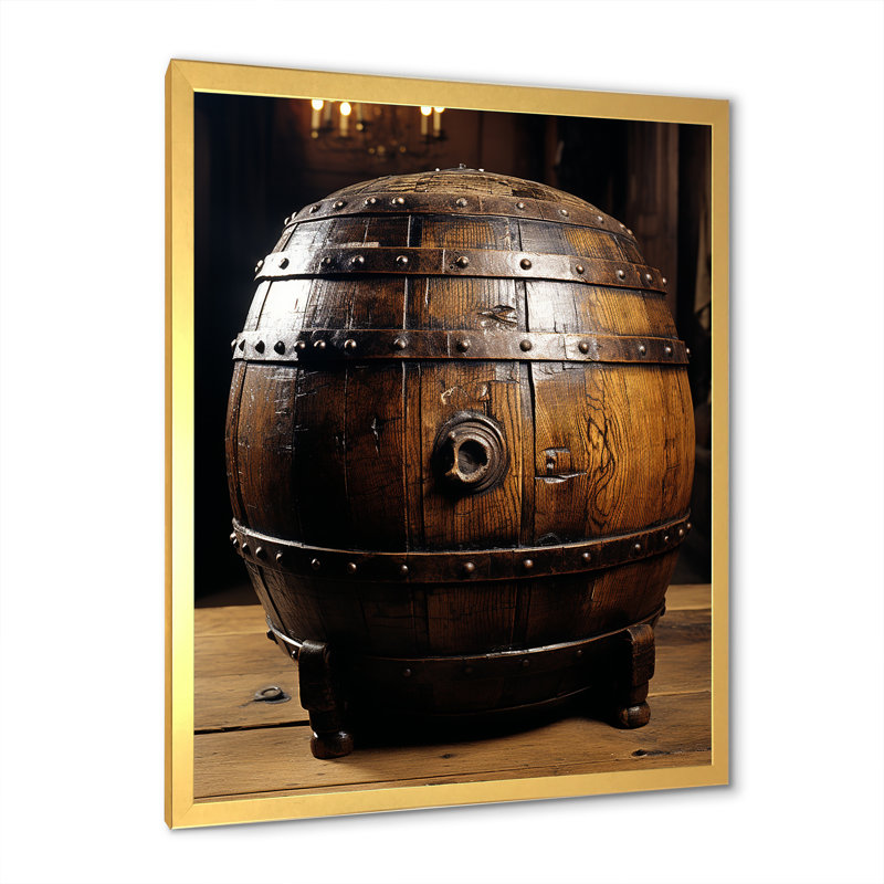 Tonneau de vin en bois brun - art mural vin, Encadrement doré, H 20 po x l 12 po x P 1 po