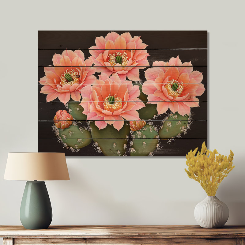 Cactus rose et orange Bloom III - art mural traditionnel sur bois de pin naturel, H 24 po x l 32 po