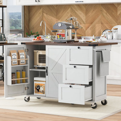 Îlot de cuisine de 54,5 po avec prise de courant, supports de rangement internes et abattant (blanc)