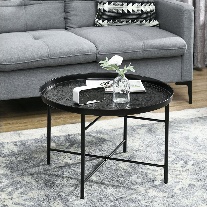 Table basse ronde de 24 po avec plateau martelé, table centrale en métal rétro pour le salon, la chambre à coucher, la table d'appoint, or