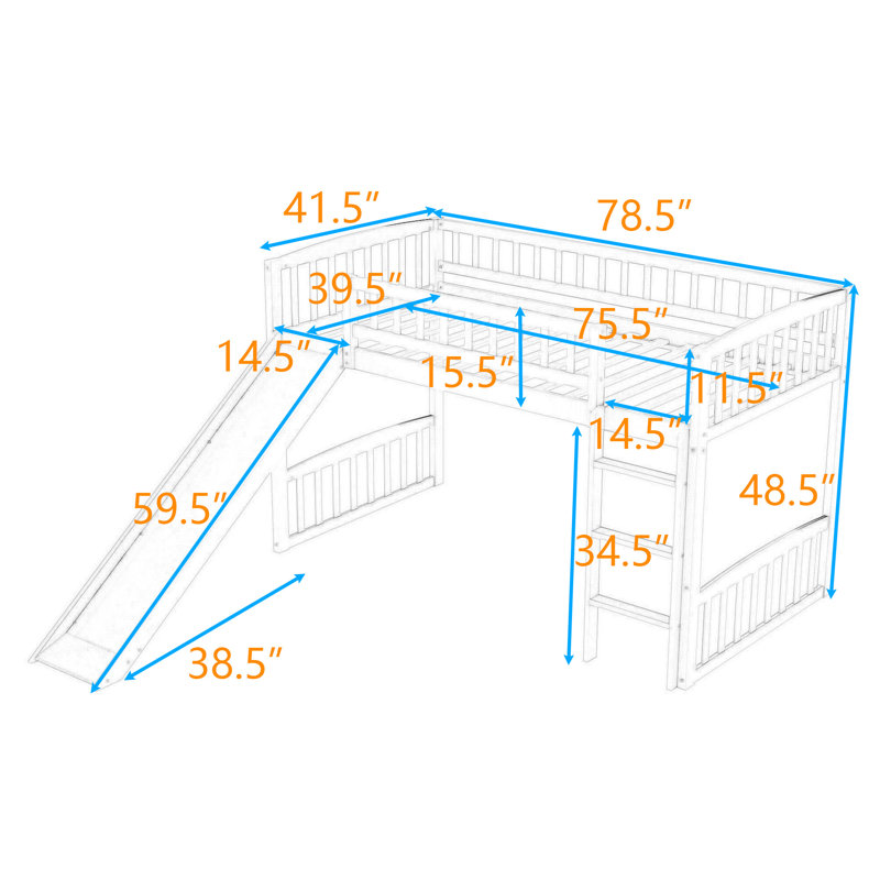 Lit mezzanine simple en bois avec glissière et garde-corps, Blanc
