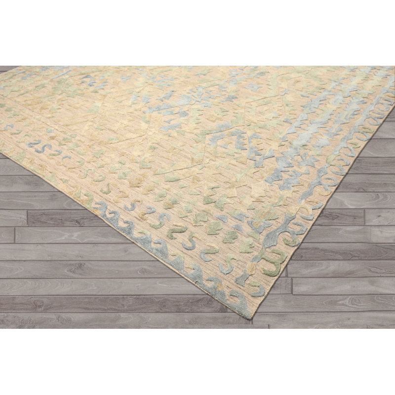 Tapis vert taupe en laine noué à la main 8 pi 3 po x 10 pi 2 po