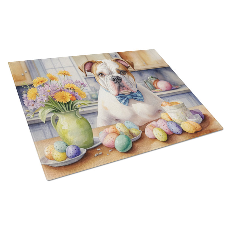 Planche à découper en verre avec décoration de bouledogue américain de Pâques