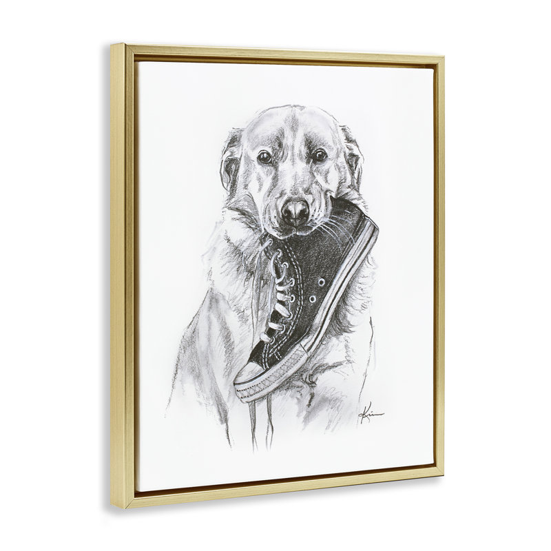 Cadre flottant Golden Retriever Biting Sneaker, design par Lindsay Kivi Fine Art, H 21 po x l 17 po