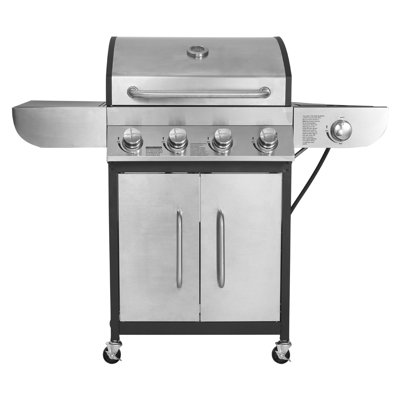 Barbecue au gaz, barbecue au propane à 4 brûleurs avec brûleur latéral, 425 pieds carrés dans la zone de cuisson, grilles en acier au carbone émaillé, barbecues de jardin extérieurs de 52 000 BTU avec deux tablettes latérales, acier inoxydable