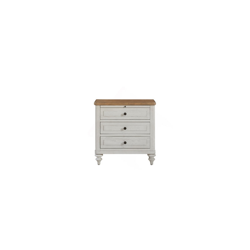 Table de chevet 3 tiroirs avec USB - Ciment et sable, Blanc