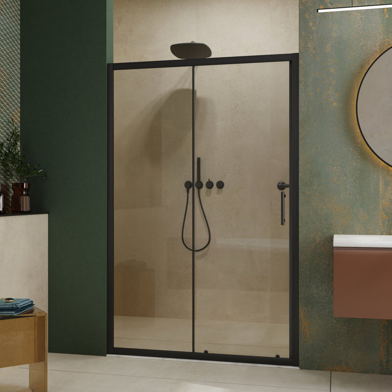 Porte de douche l 48 po x H 72 po - Verre trempé de 1/5 po, poignée en acier inoxydable noir, fabrication élégante et imperméable avec poignée noire, durabilité réglable