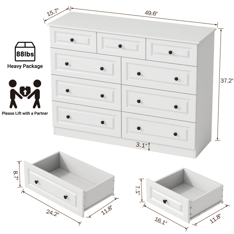 49.6'' W 9-drawer Double Dresser, White