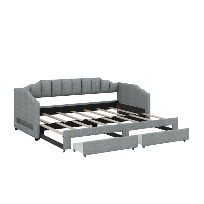 Twin XL Size Extendable Upholstered Daybed With Two Storage Drawers And LED Light,Twin XL To King Daybed, Gray