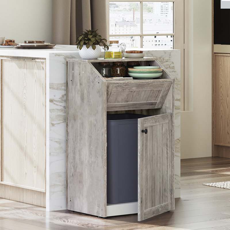 Armoire à déchets 10 gallons, armoire à poubelle autoportante, recyclage en bois avec porte rabattable, poubelle de cuisine cachée