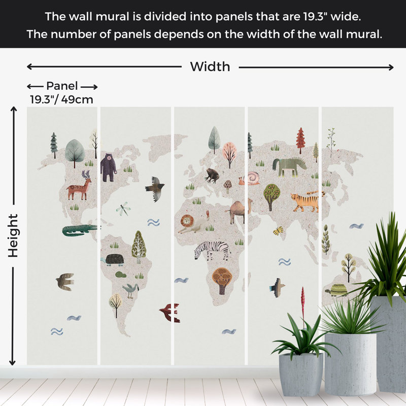 Peel & Stick Kids Wall Mural - Beige World Map With Animals, 154" W x 110" L