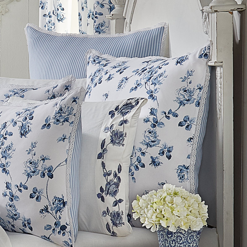French Blue Floral Polyester Euro Sham with Crochet Hem