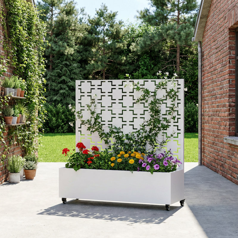 Boîte à fleurs en métal avec treillis et roues, H 47 po x l 47 po x P 16 po, Blanc